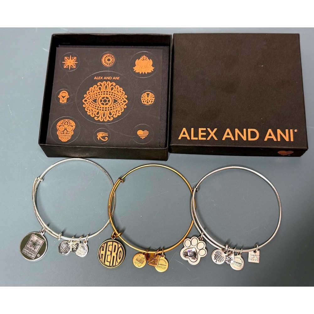 Alex and Ani Bangle Bracelet Set‎ of 3 US Army Hero Crystal Paw Print with Box